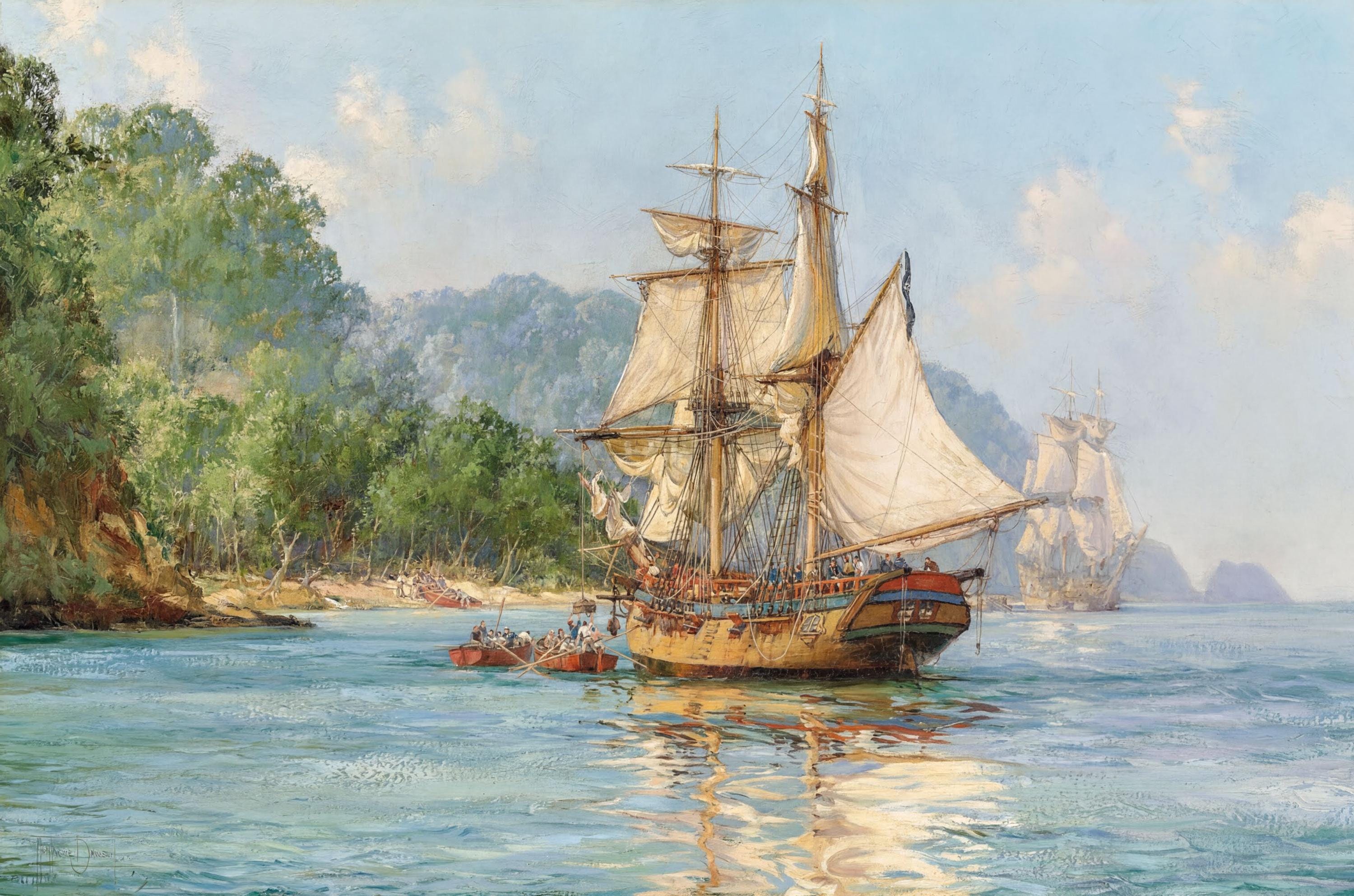 Pirates' Haunt Art Print by Montague Dawson, Cocos Island Nautical Canvas FOSHE ART
