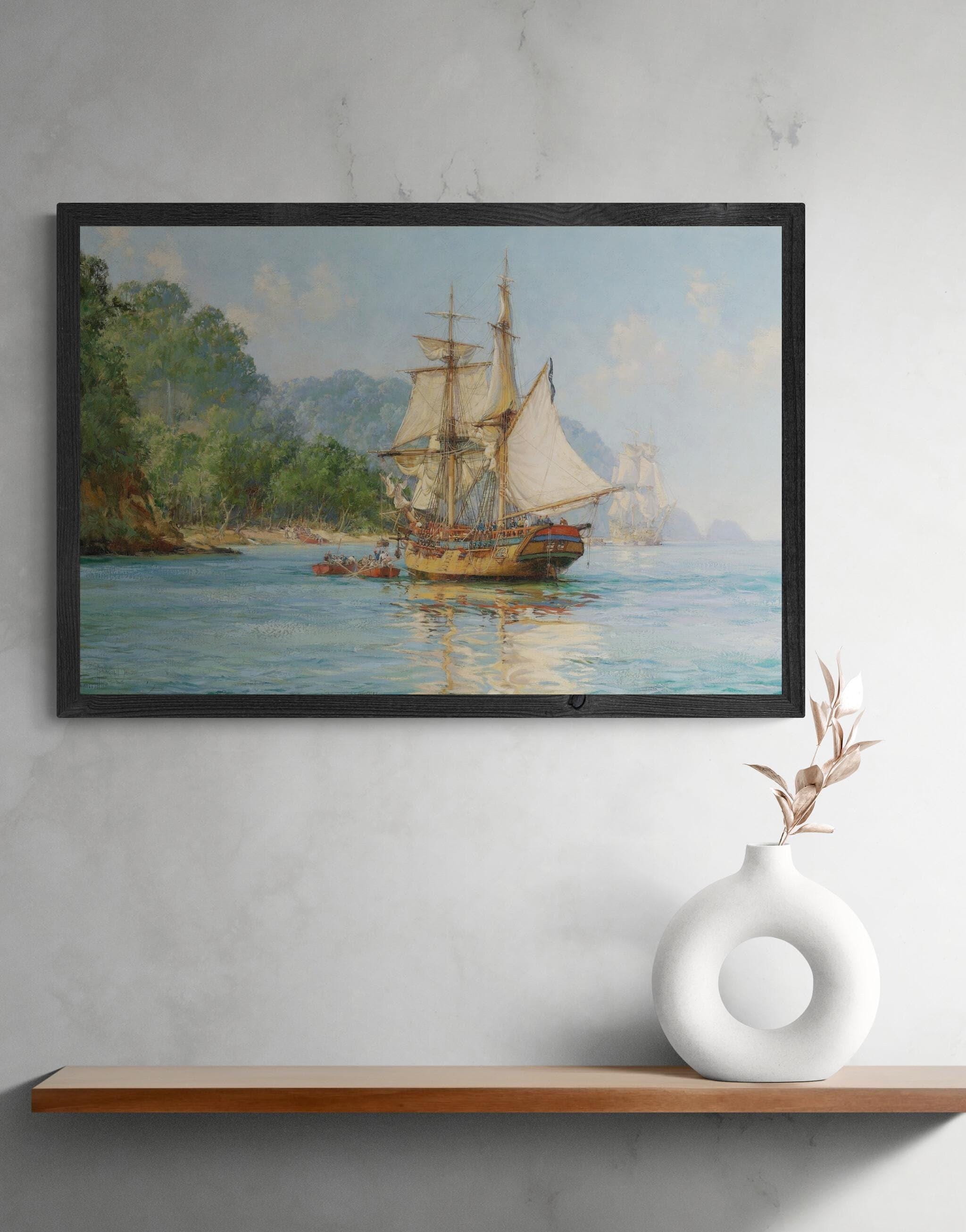 Pirates' Haunt Art Print by Montague Dawson, Cocos Island Nautical Canvas FOSHE ART