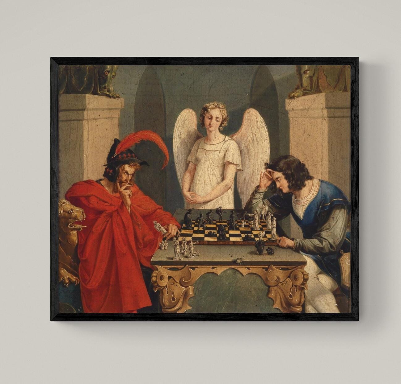 Faust & Mephistopheles Playing Chess Art Print: Moritz Retzsch, Floating Frame and Brush Strokes FOSHE ART