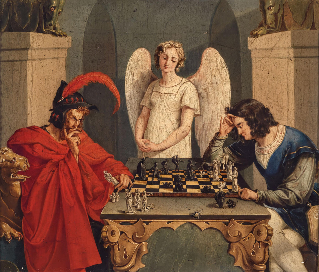 Faust & Mephistopheles Playing Chess Art Print: Moritz Retzsch, Floating Frame and Brush Strokes FOSHE ART