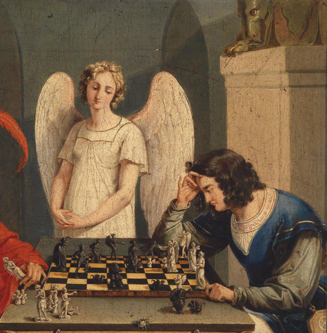 Faust & Mephistopheles Playing Chess Art Print: Moritz Retzsch, Floating Frame and Brush Strokes FOSHE ART