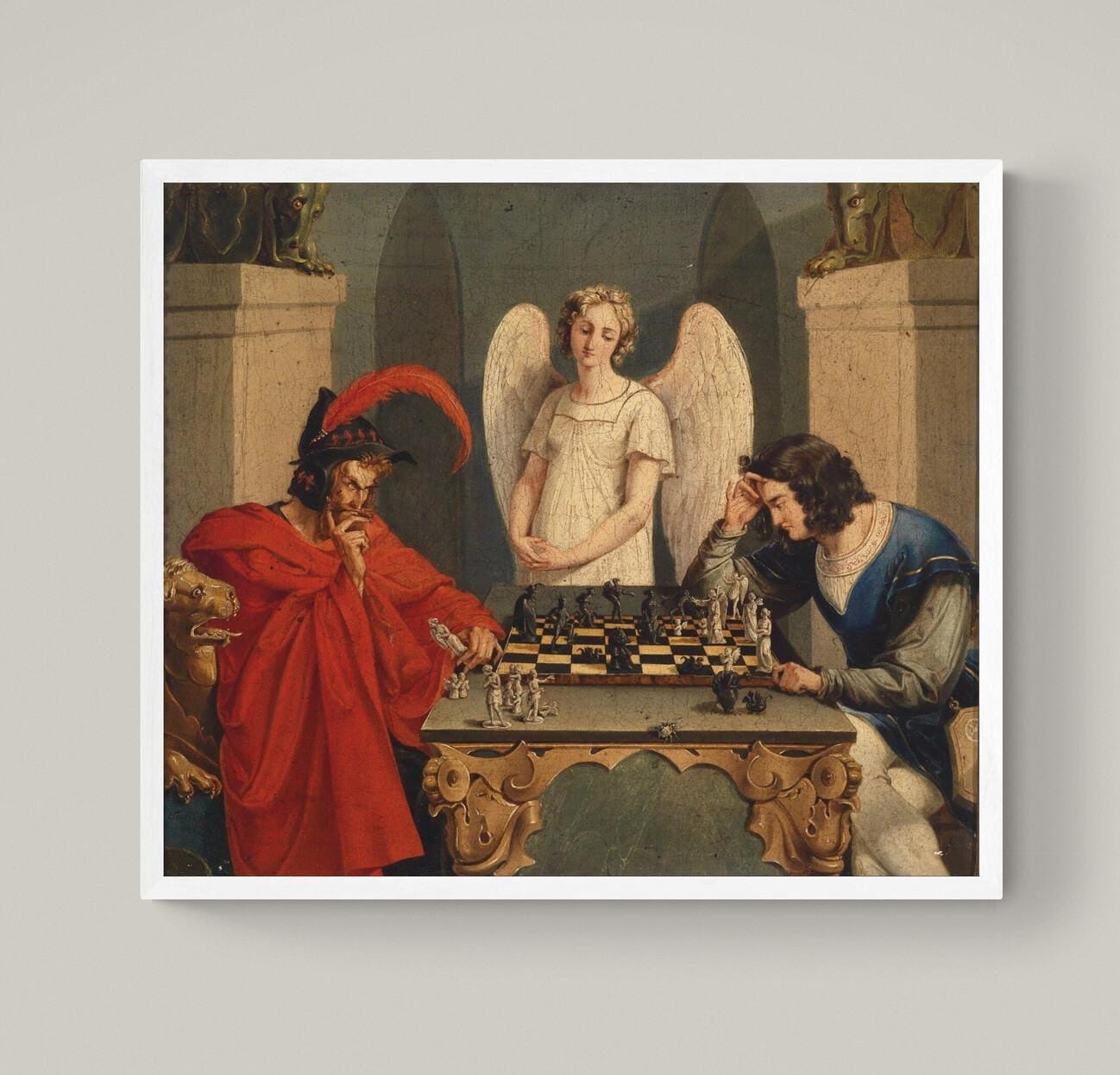 Faust & Mephistopheles Playing Chess Art Print: Moritz Retzsch, Floating Frame and Brush Strokes FOSHE ART