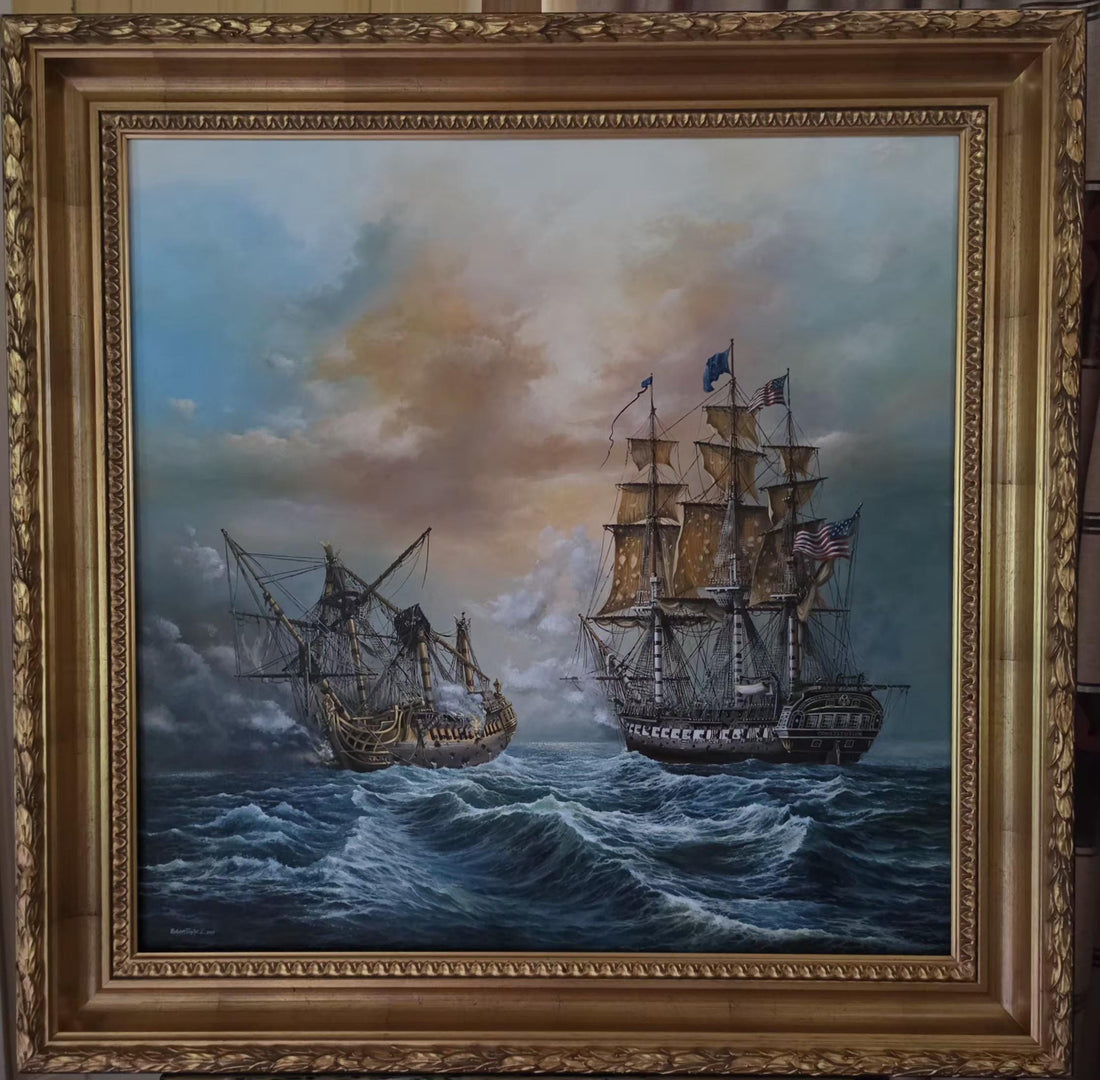 Maritime Oil Painting Robert Zietara in Vintage Gold Frame FOSHE ART