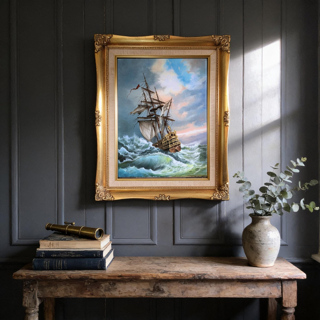 Tall Ship Giclée Canvas Print, After Storm Seascape, Golden Vintage Frame FOSHE ART