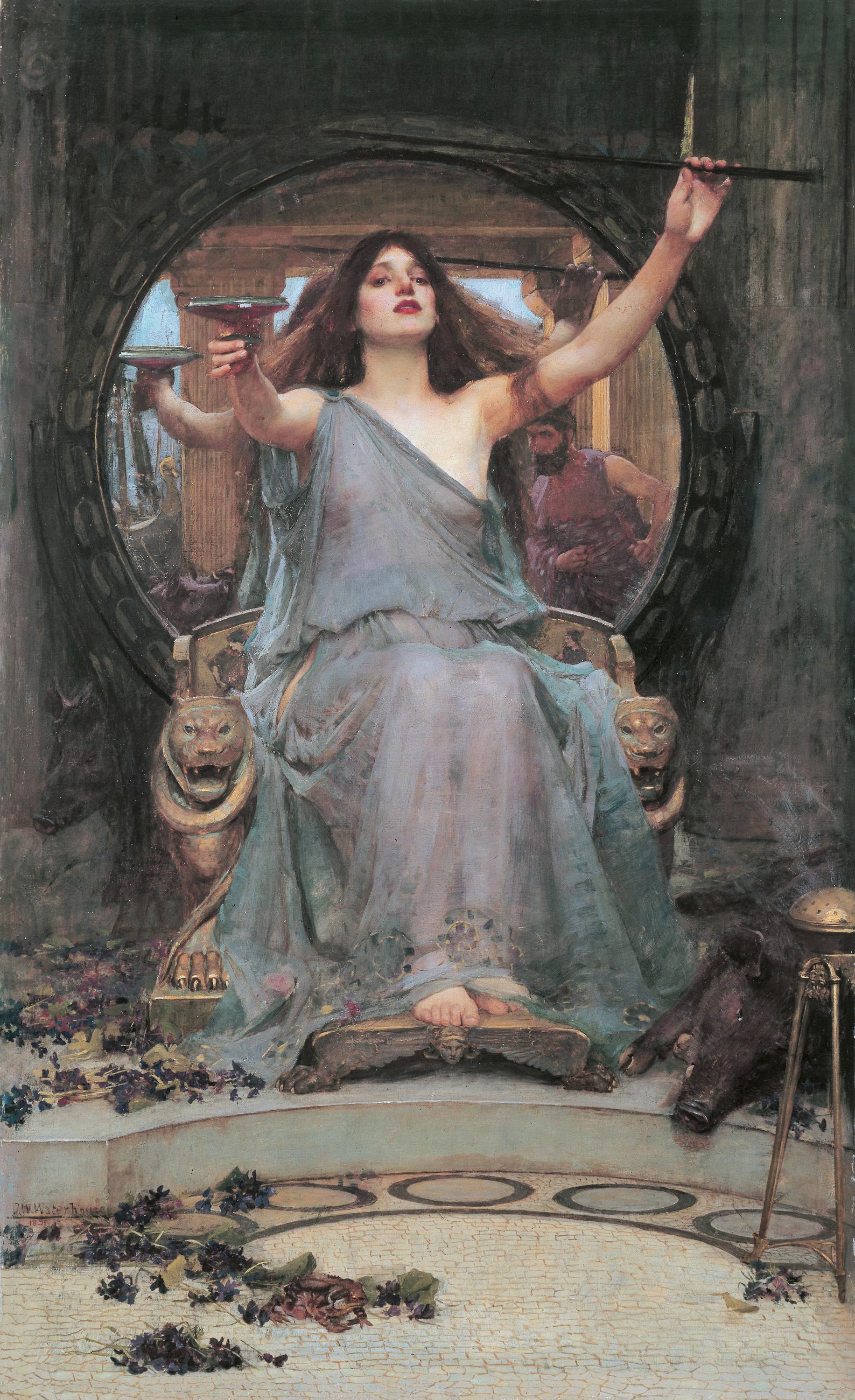 John William Waterhouse - Circe, Sensual wall art, Mystical woman Canvas Print: Brush Stroke Texture, Vintage Gold Frame FOSHE ART