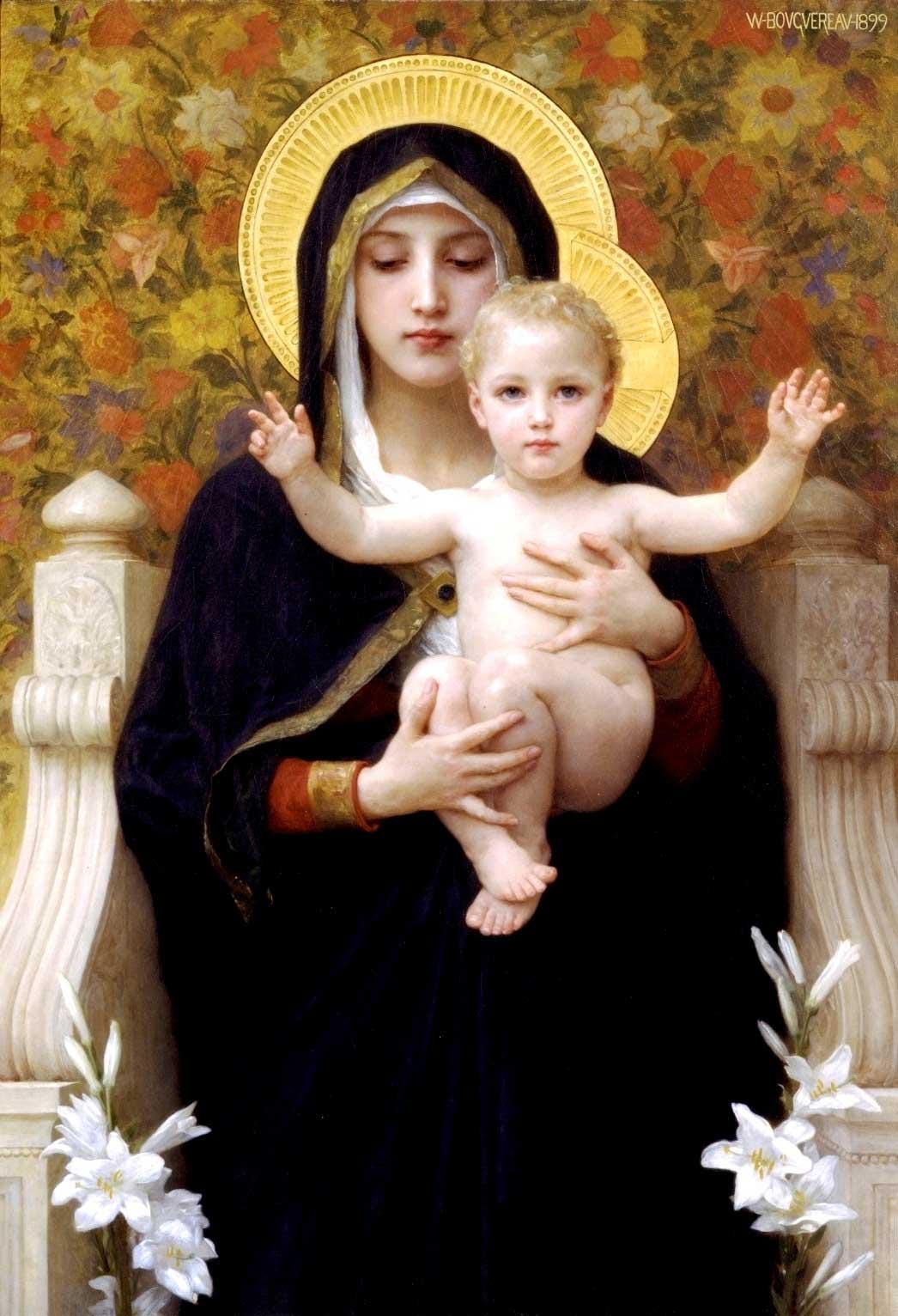 Madonna of the Lilies Canvas Print with Brush Stroke Texture, Vintage Golden Frame FOSHE ART