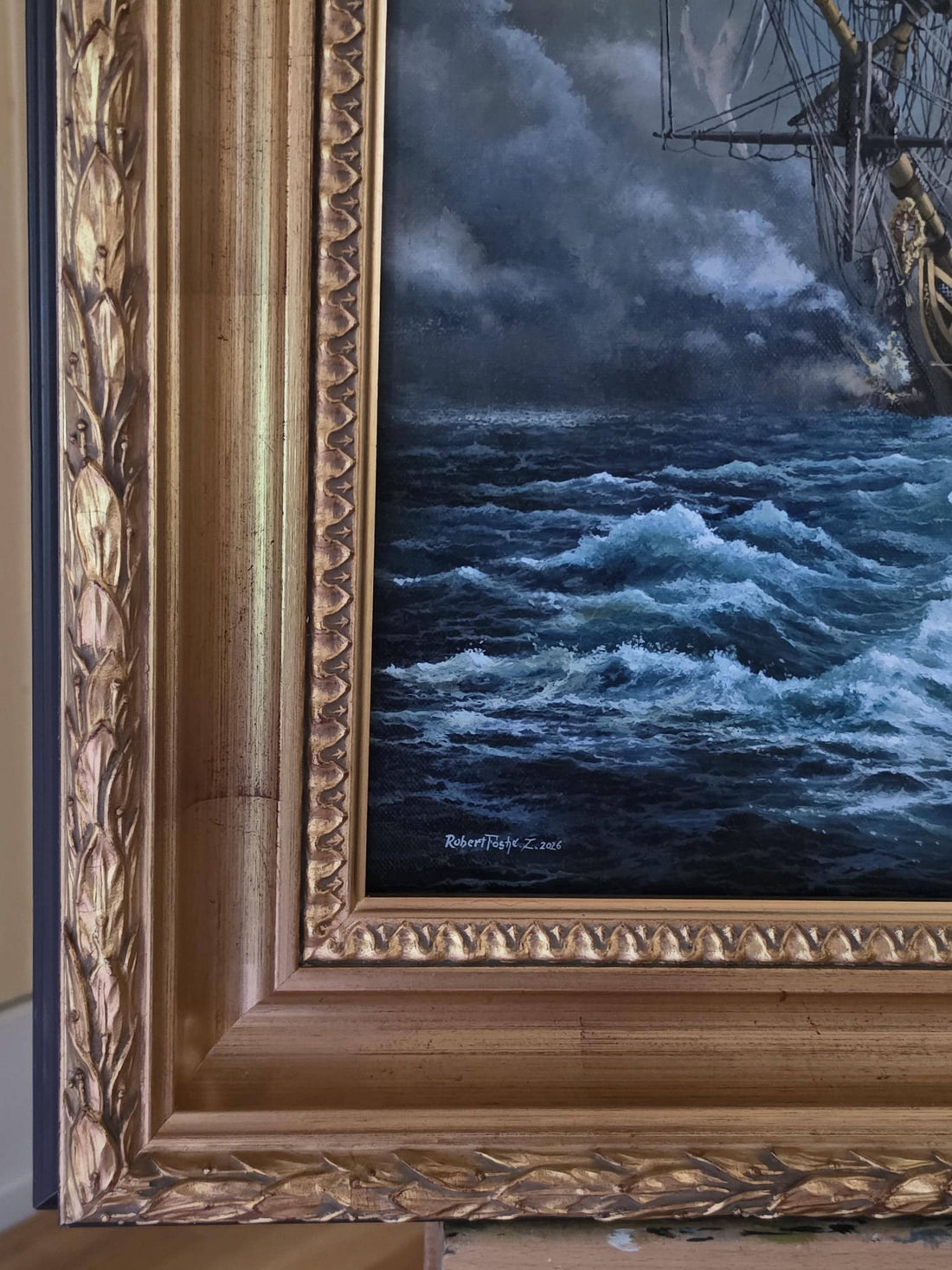 Maritime Oil Painting Robert Zietara in Vintage Gold Frame FOSHE ART