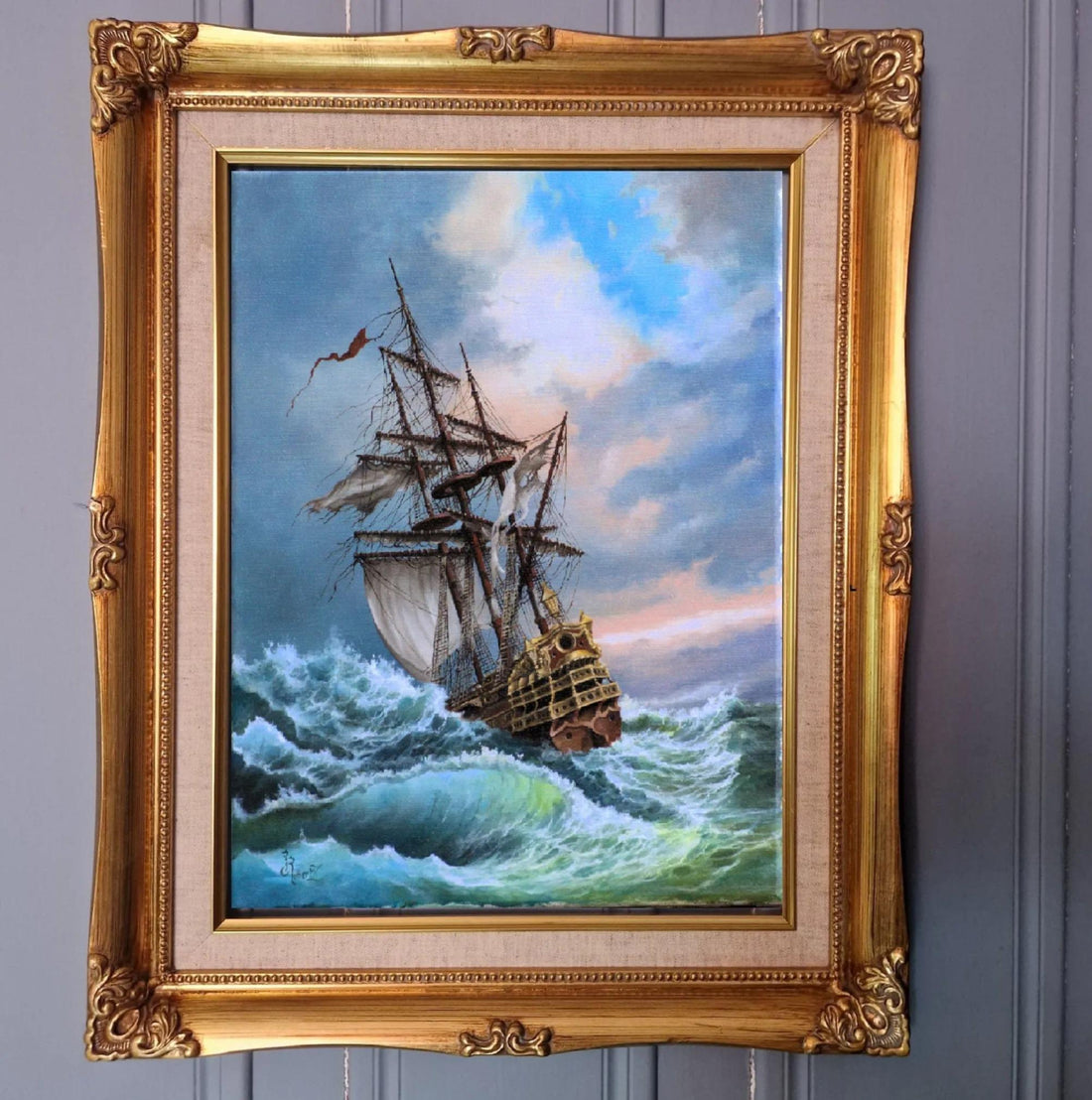 Tall Ship Giclée Canvas Print, After Storm Seascape, Golden Vintage Frame FOSHE ART