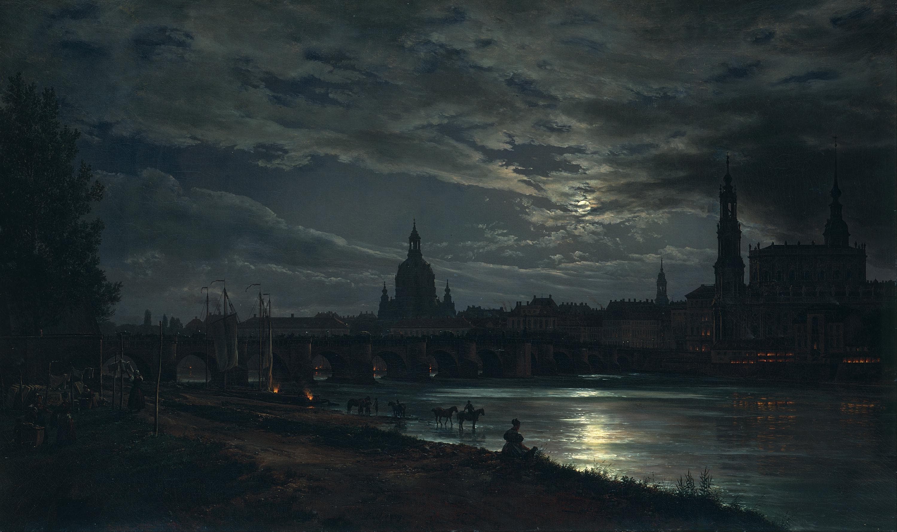 Dresden Moonlight by Johan Christian Dahl: Canvas Print with Brush Strokes Texture FOSHE ART