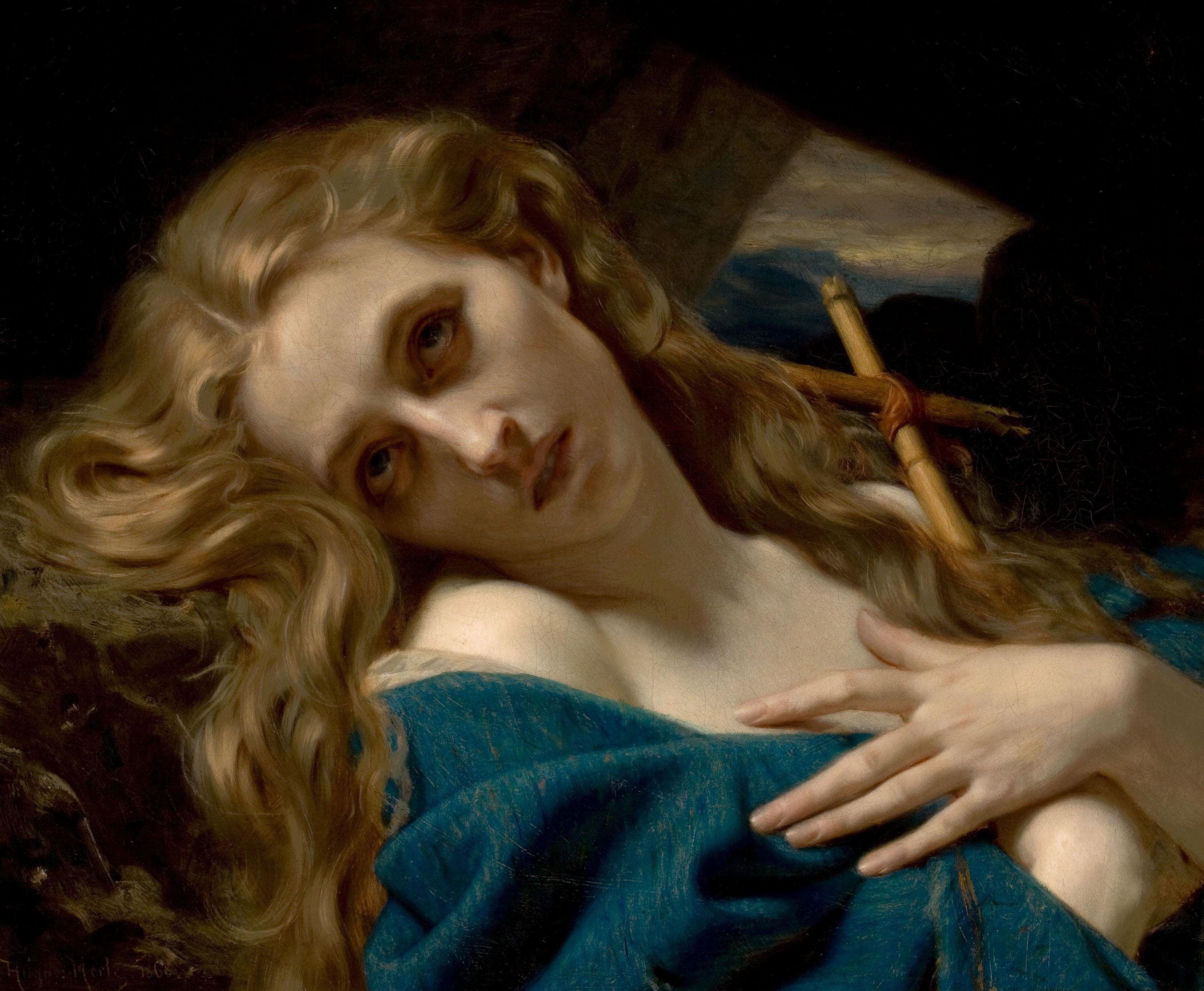 Mary Magdalene in the cave, Canvas Print with Gold Frame and Brush strokes FOSHE ART