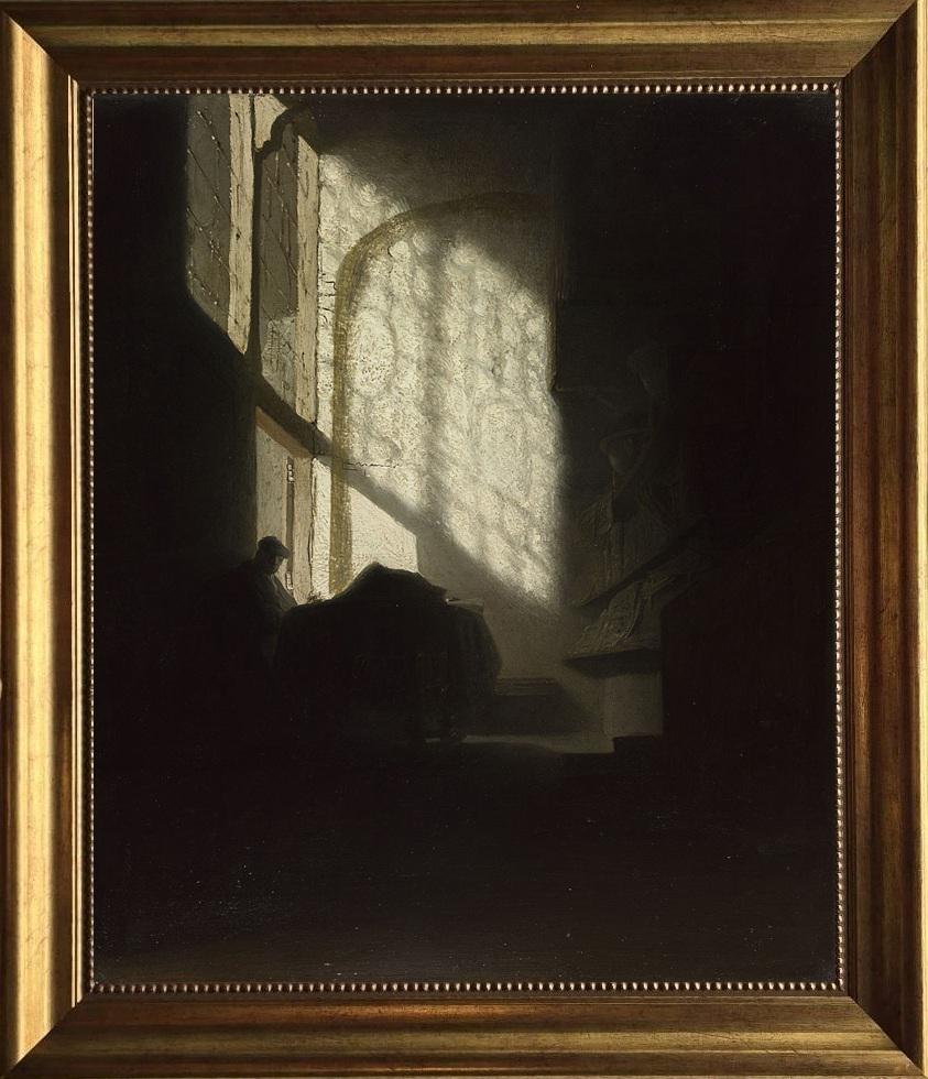 A Man seated reading at a Table in a Lofty Room Vintage Gold Frame, Brush Stroke Texture FOSHE ART