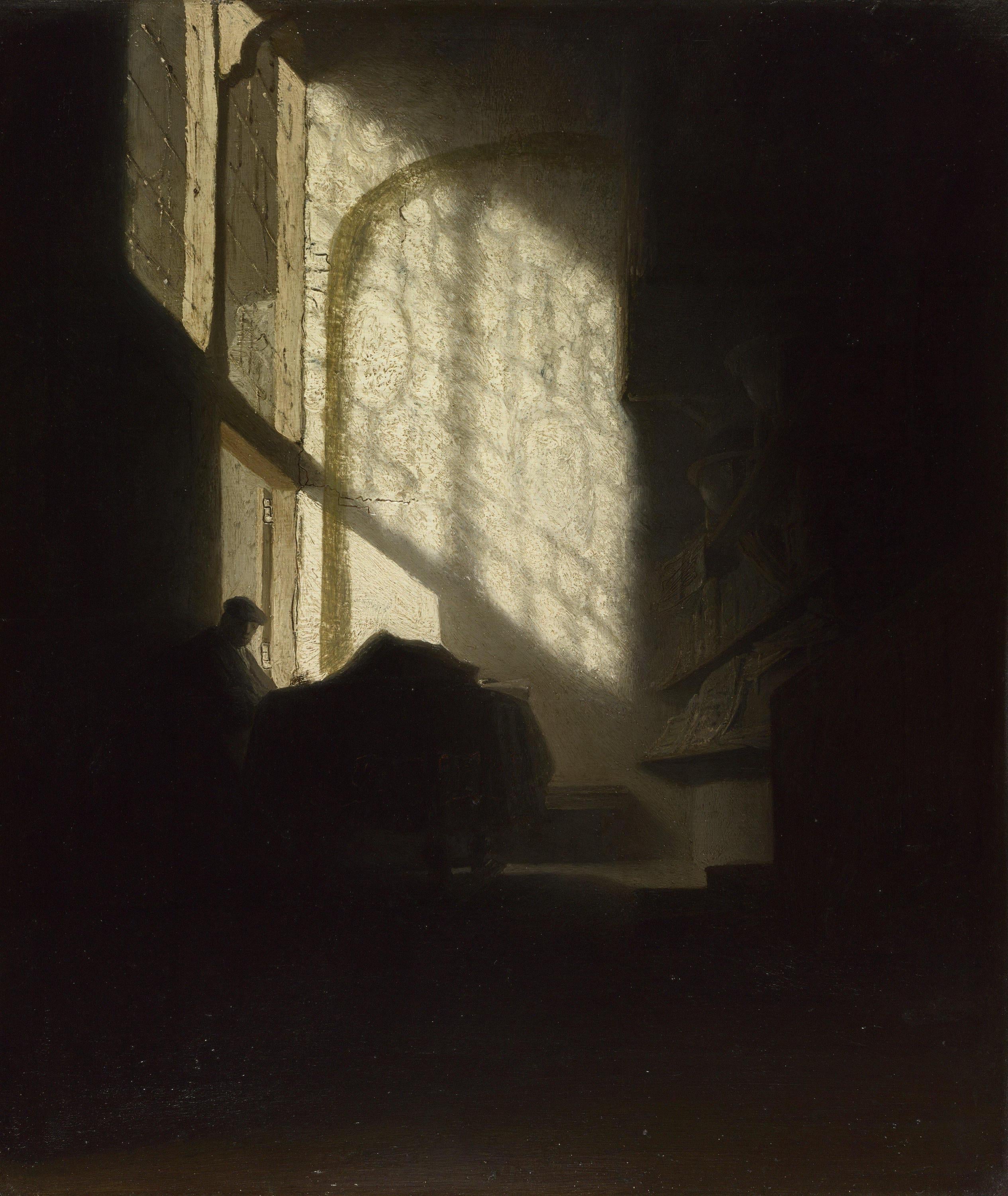 A Man seated reading at a Table in a Lofty Room Vintage Gold Frame, Brush Stroke Texture FOSHE ART