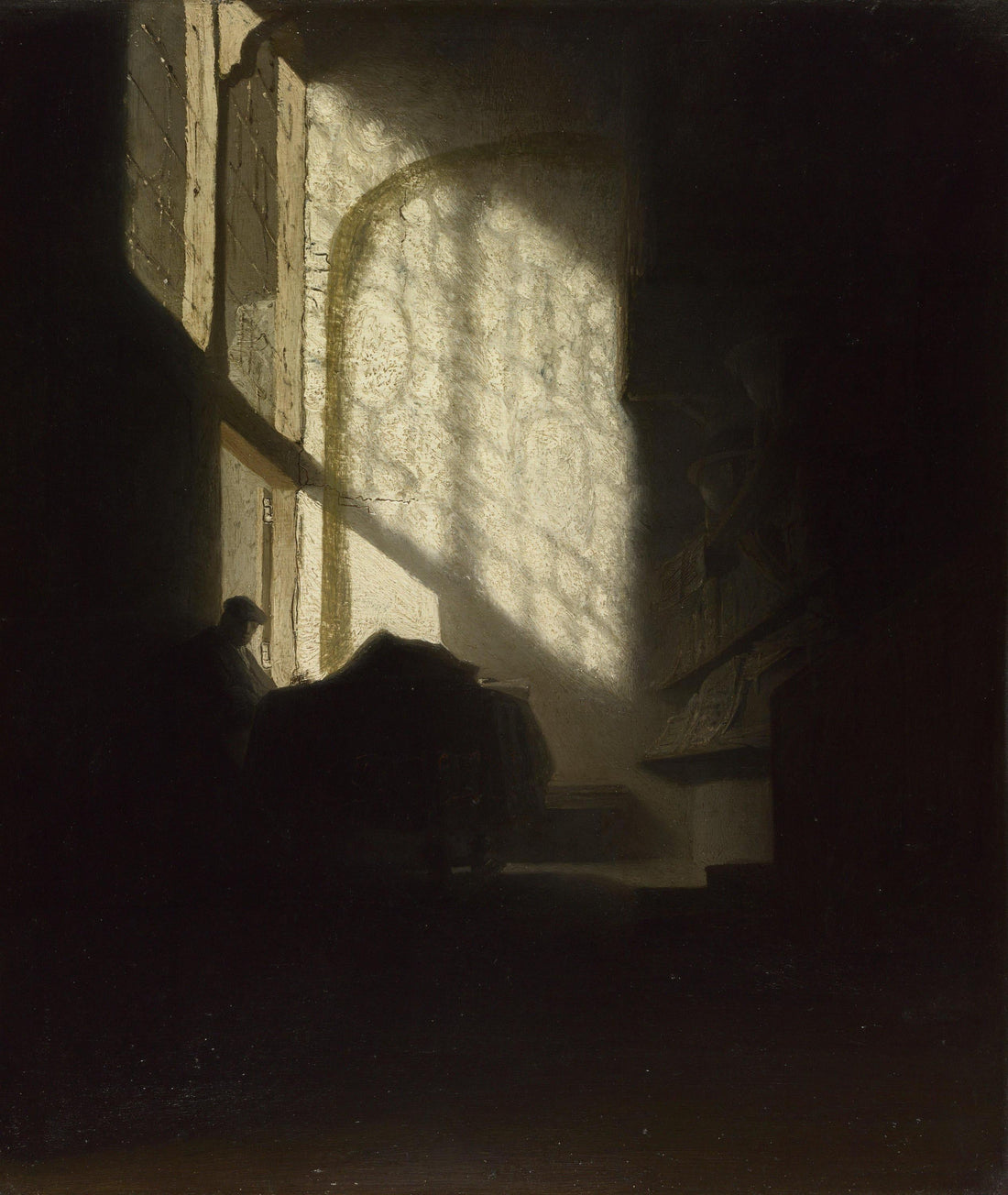 A Man seated reading at a Table in a Lofty Room Vintage Gold Frame, Brush Stroke Texture FOSHE ART