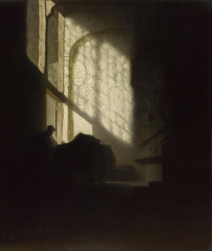 A Man seated reading at a Table in a Lofty Room Vintage Gold Frame, Brush Stroke Texture FOSHE ART