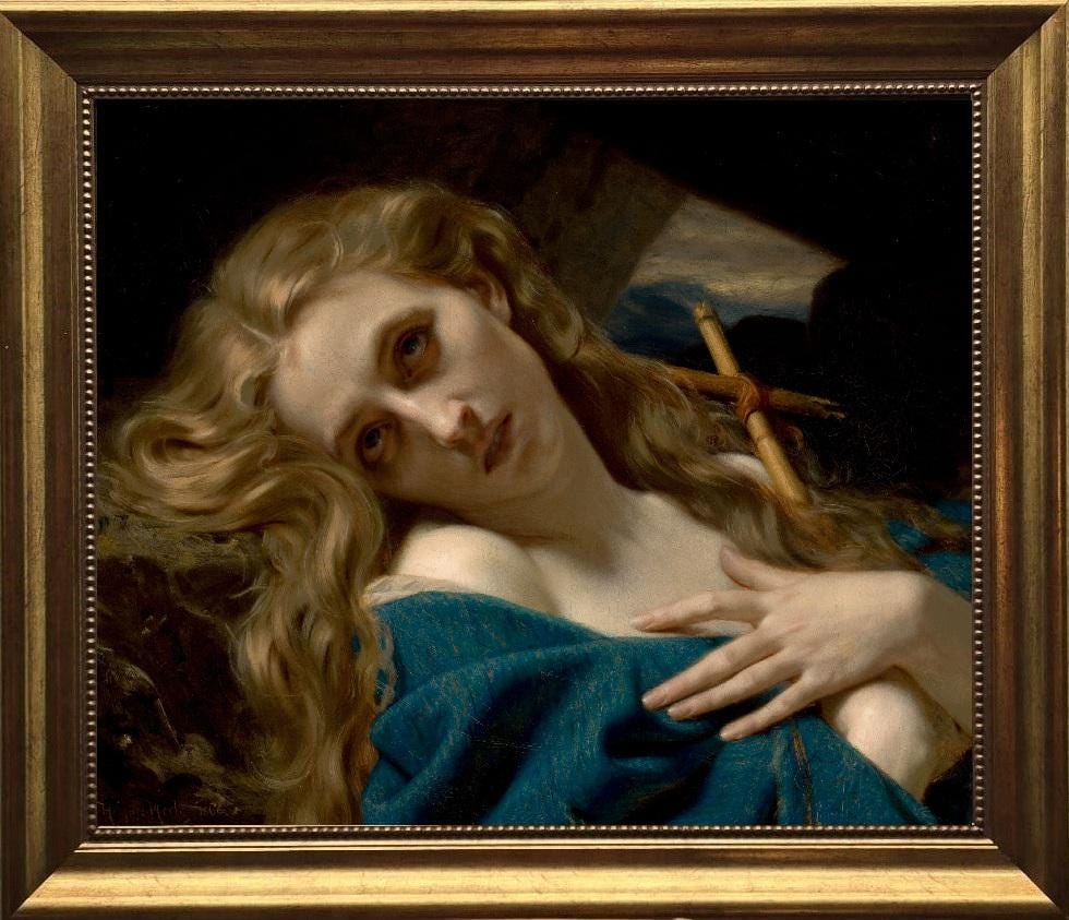 Mary Magdalene in the cave, Canvas Print with Gold Frame and Brush strokes FOSHE ART
