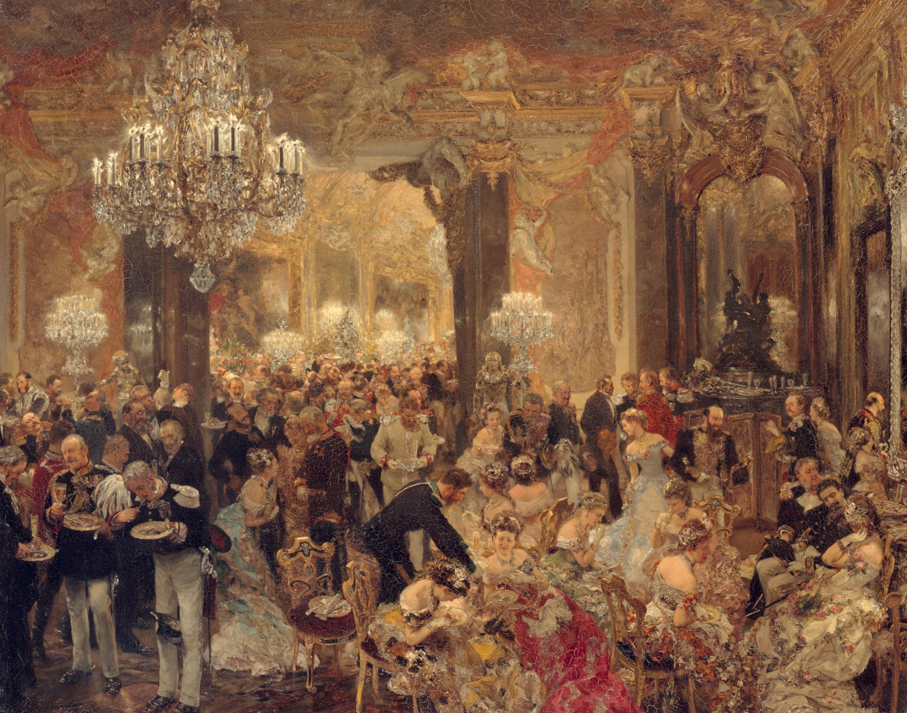 Dinner at the Ball by Adolph Menzel, Canvas Print, Textured Wall Art (Vintage Gold Frame) FOSHE ART