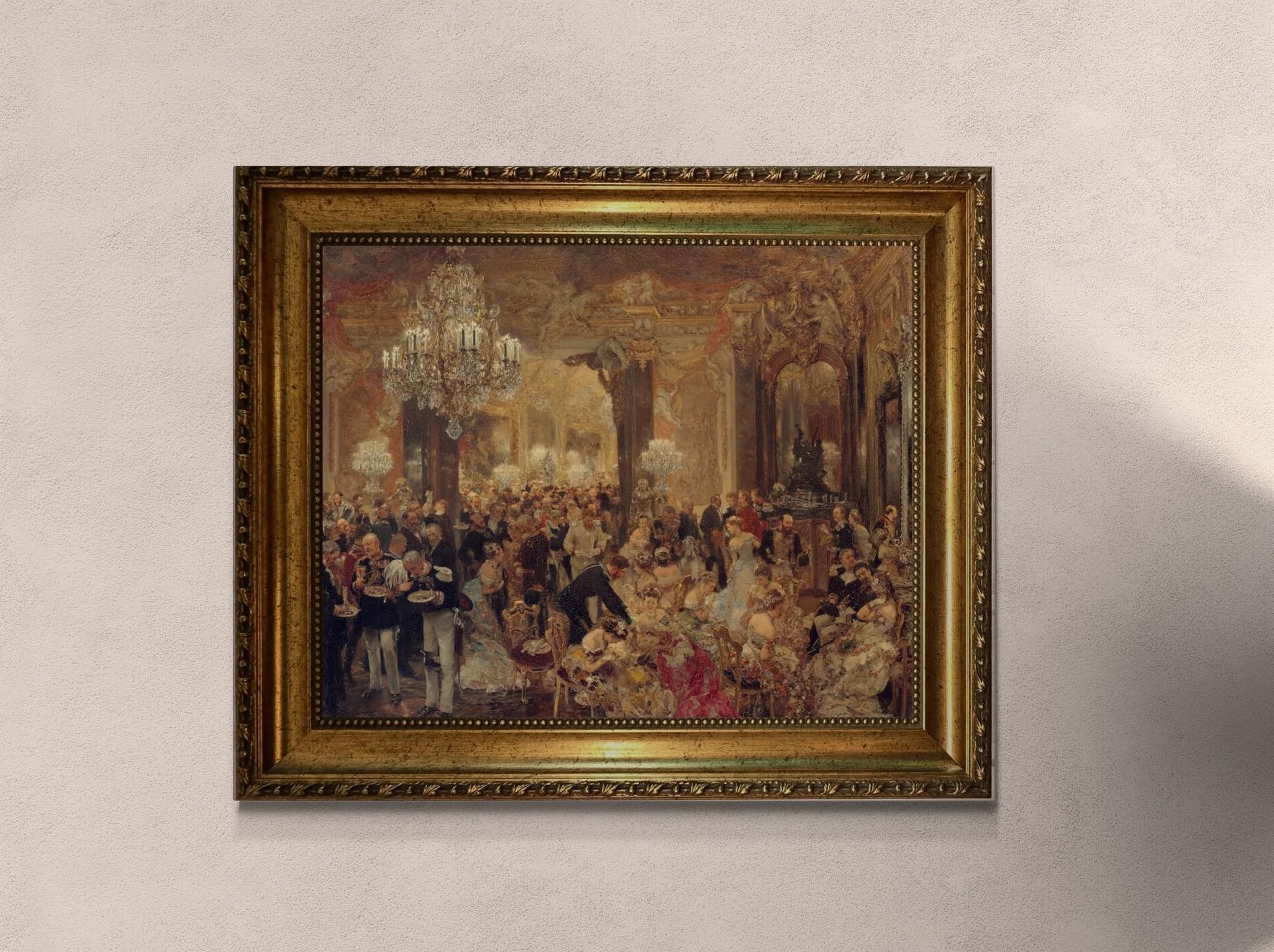 Dinner at the Ball by Adolph Menzel, Canvas Print, Textured Wall Art (Vintage Gold Frame) FOSHE ART