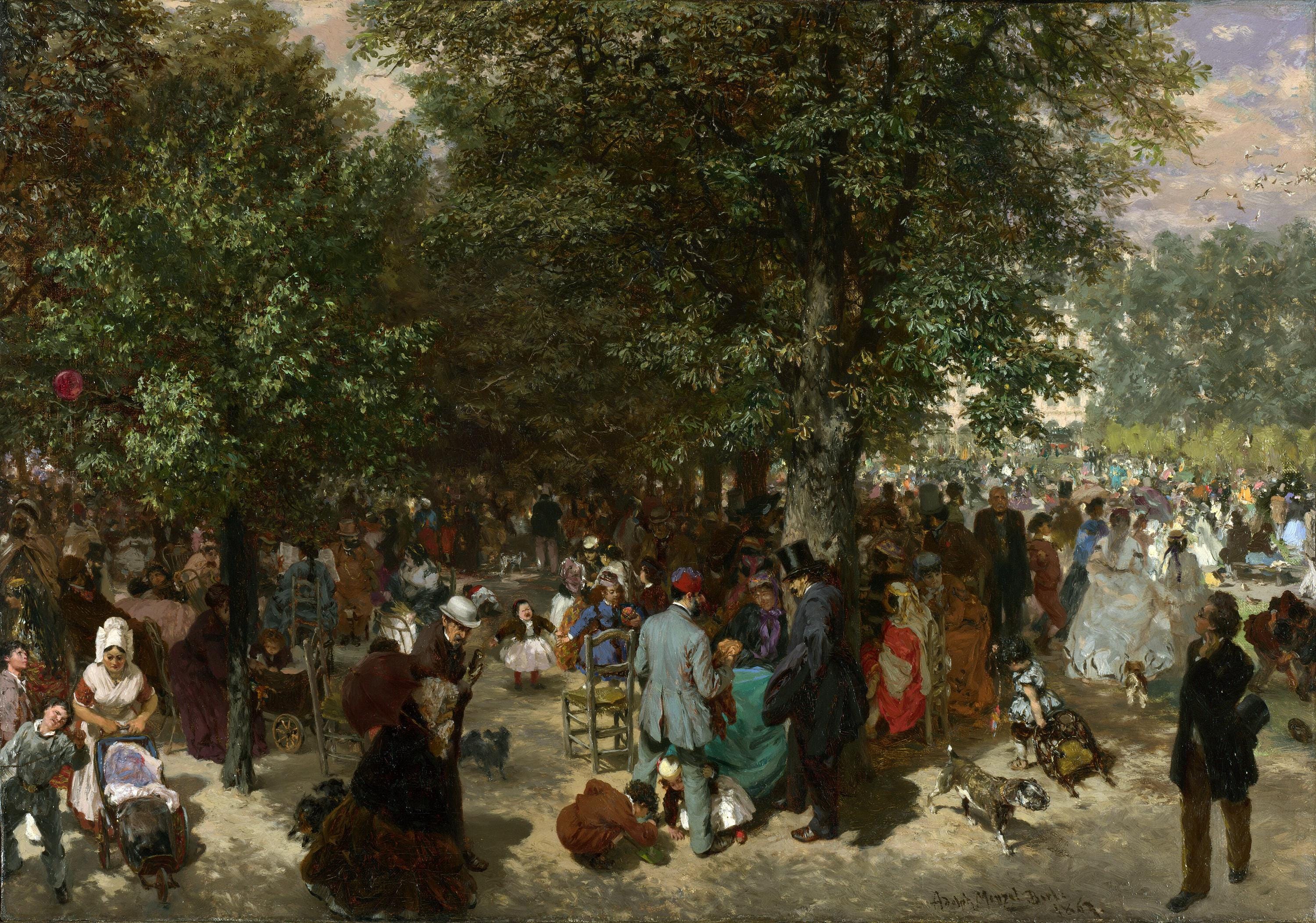Afternoon in Tuileries Garden, Adolph Menzel, Textured Canvas Print in Gold Frame FOSHE ART