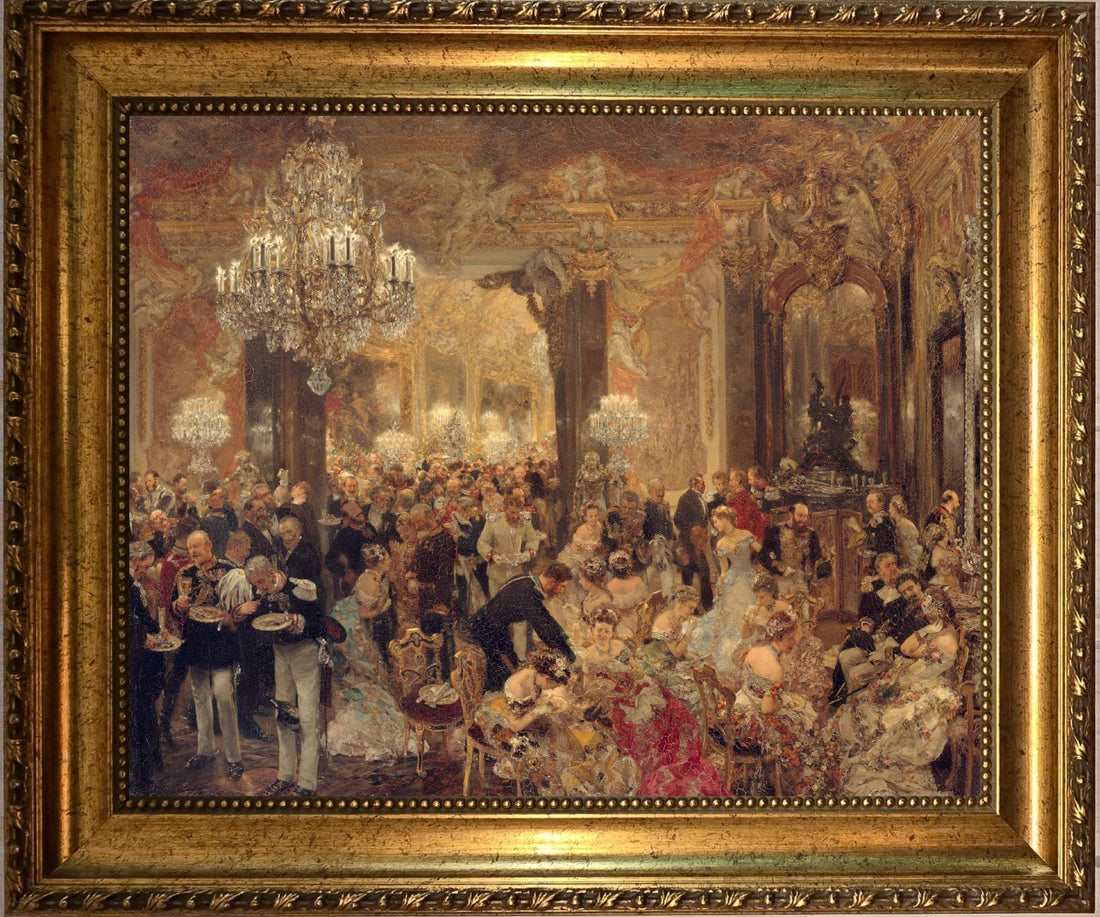 Dinner at the Ball by Adolph Menzel, Canvas Print, Textured Wall Art (Vintage Gold Frame) FOSHE ART