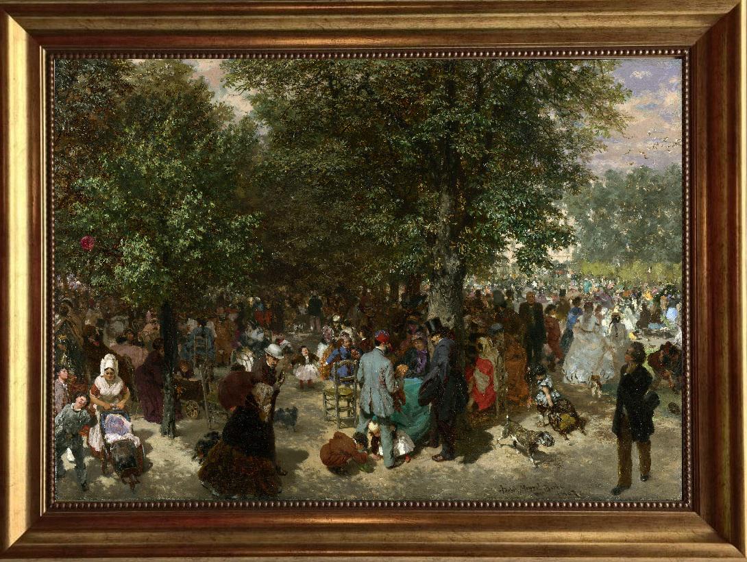 Afternoon in Tuileries Garden, Adolph Menzel, Textured Canvas Print in Gold Frame FOSHE ART