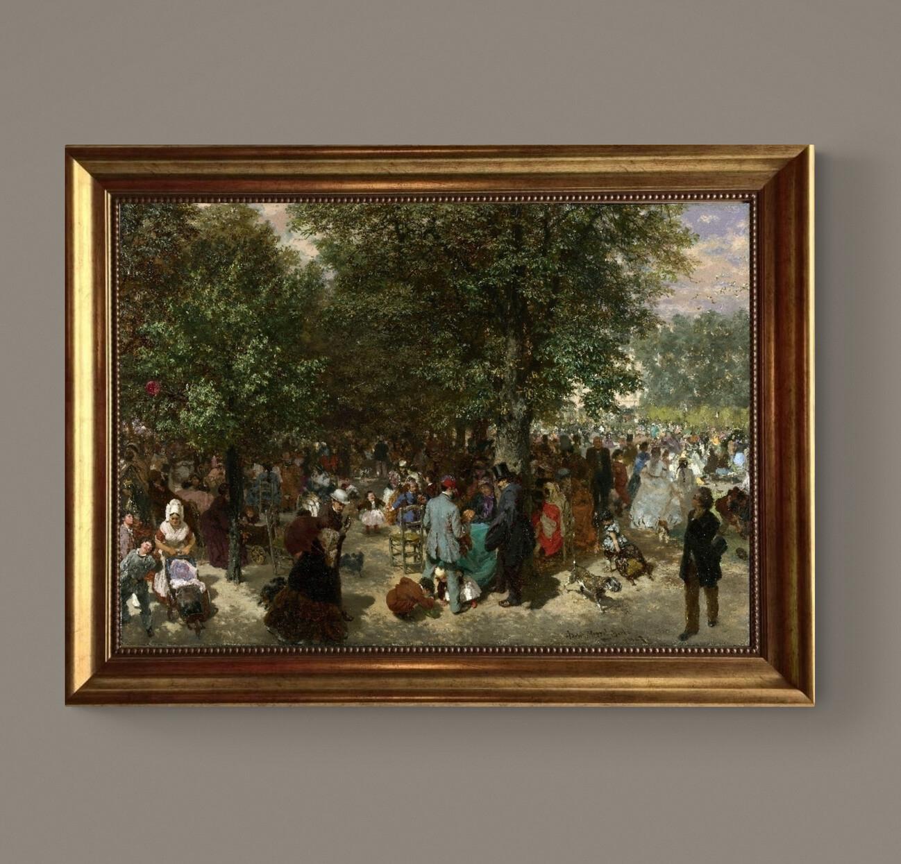 Afternoon in Tuileries Garden, Adolph Menzel, Textured Canvas Print in Gold Frame FOSHE ART