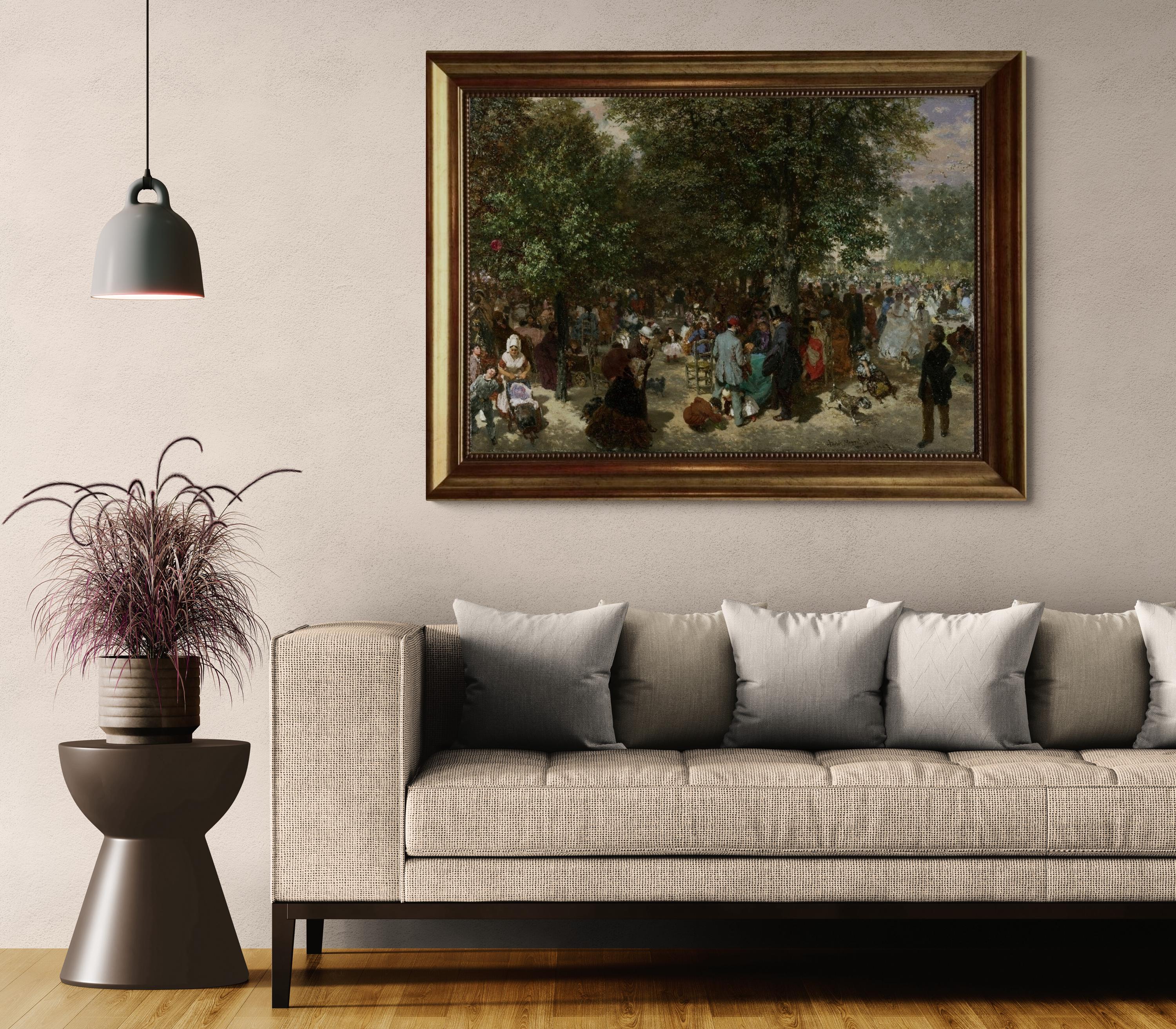 Afternoon in Tuileries Garden, Adolph Menzel, Textured Canvas Print in Gold Frame FOSHE ART