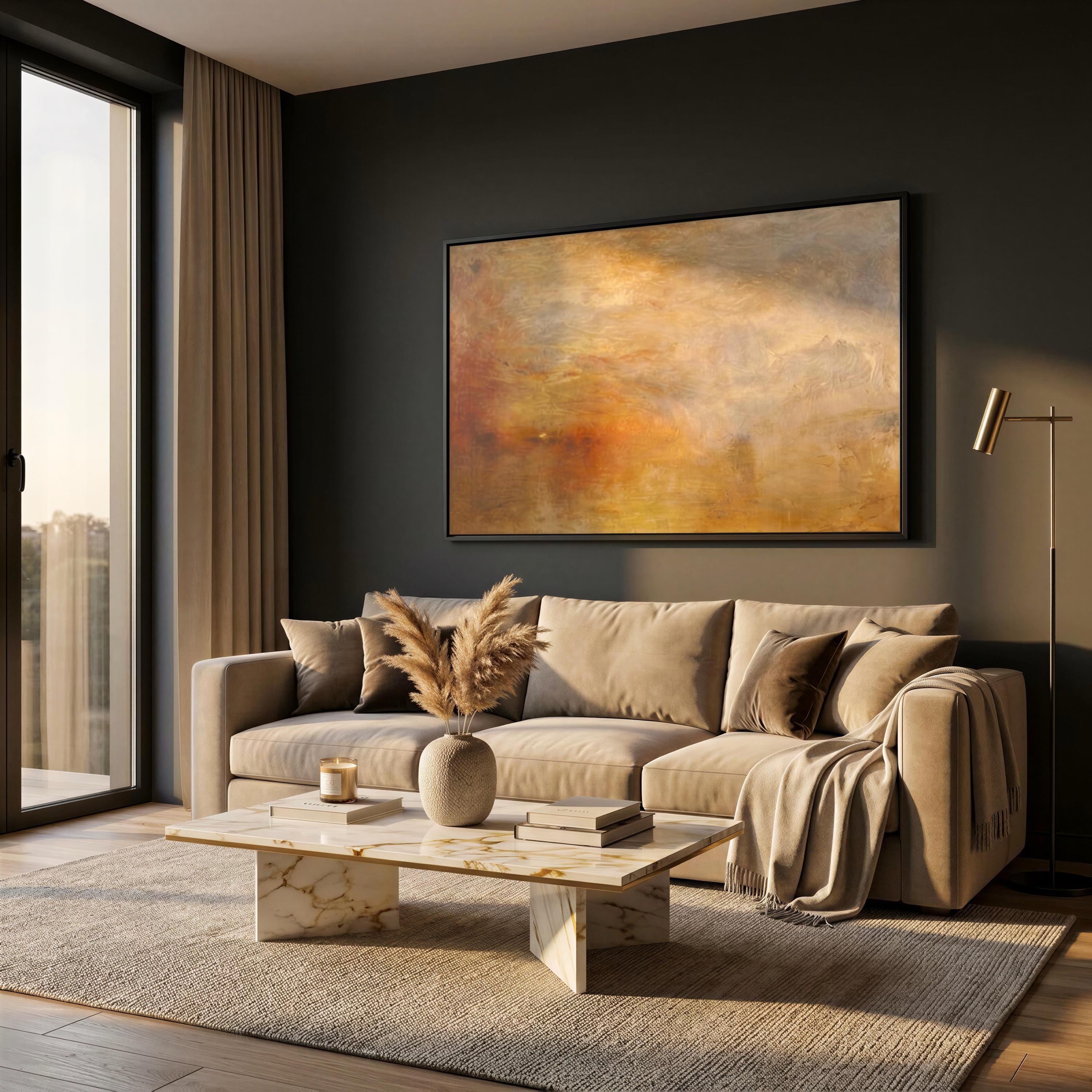Sun Setting Over Lake | Joseph Mallord William Turner | Texture Canvas Print  | Floating Frame and Brush Strokes FOSHE ART