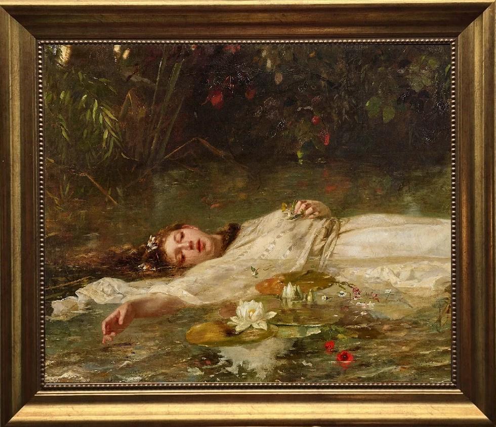 Ophelia Painting Canvas Print, Friedrich Heyser, Textured Wall Art (Vintage Gold Frame) FOSHE ART