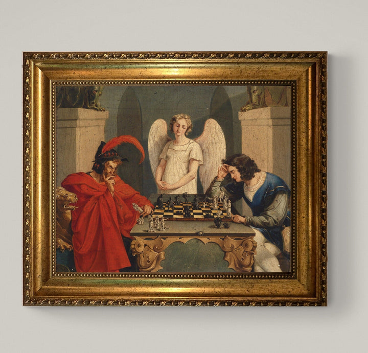 Faust & Mephistopheles Playing Chess by Moritz Retzsch, 3D Hand-finish canvas with brush strokes, looks like original, Golden Vintage Frame FOSHE ART