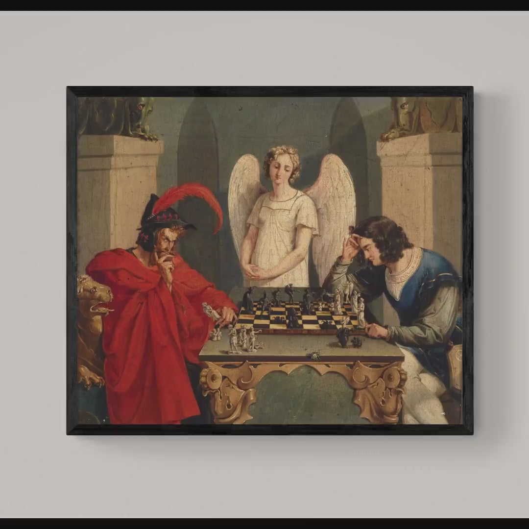 Faust & Mephistopheles Playing Chess Art Print: Moritz Retzsch, Floating Frame and Brush Strokes