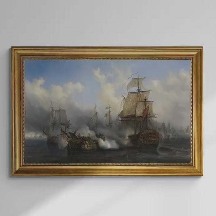 Battle of Trafalgar Print with Redoutable by Auguste Mayer, Vintage Nautical Maritime Art