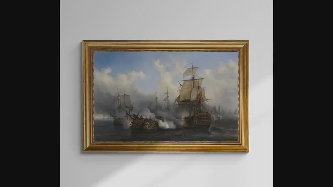 Battle of Trafalgar Print with Redoutable by Auguste Mayer, Vintage Nautical Maritime Art
