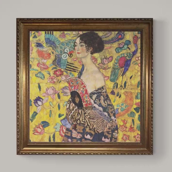 Klimt Lady With Fan Print on canvas: Brushstroke Texture, Golden Vintage Frame