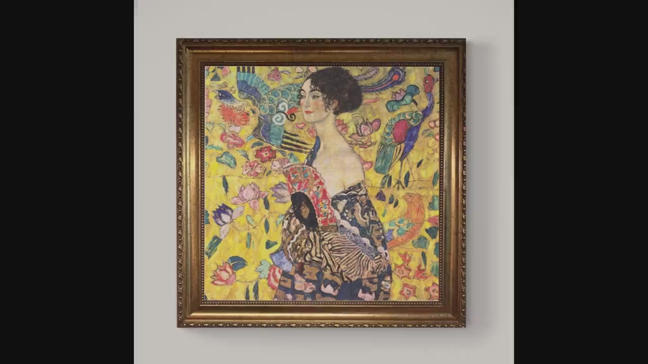 Klimt Lady With Fan Print on canvas: Brushstroke Texture, Golden Vintage Frame