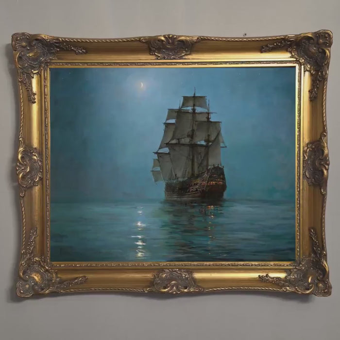 Montague Dawson Crescent Moon Ship Painting, Vintage Framed Giclée Canvas Print
