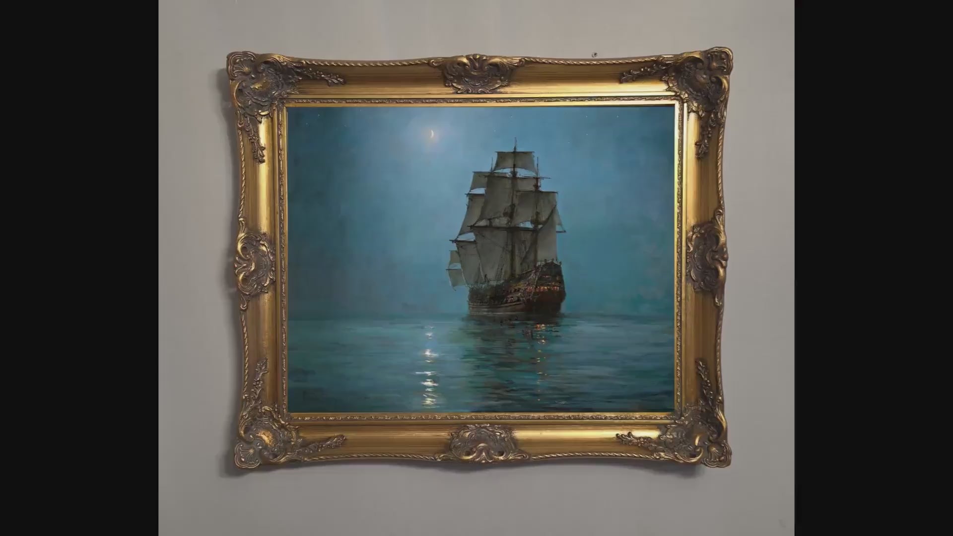 Montague Dawson Crescent Moon Ship Painting, Vintage Framed Giclée Canvas Print