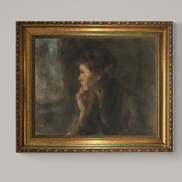 Jozef Israëls Contemplation art print on Canvas, Brush strokes and Vintage Gold Frame