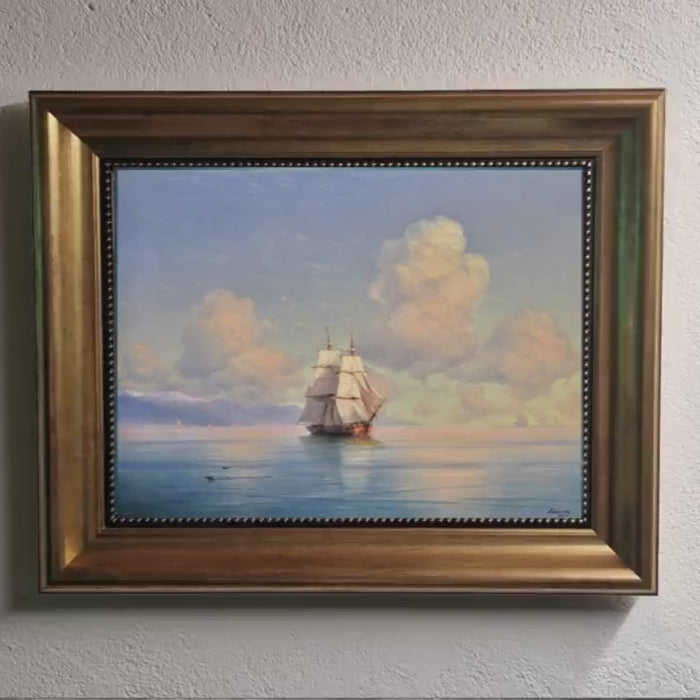 Aivazovsky Ship Giclée Canvas Print | 3D Brush Stroke, Golden Vintage Frame
