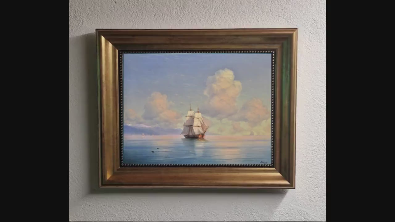 Aivazovsky Ship Giclée Canvas Print | 3D Brush Stroke, Golden Vintage Frame