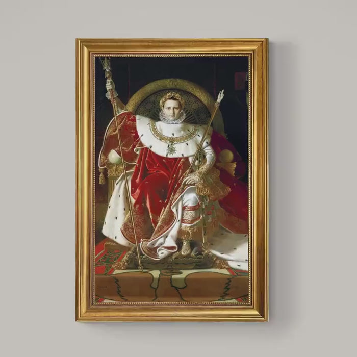 Napoleon on his Imperial Throne Canvas Print: Ingres, Vintage Gold Frame, Brush Stroke Texture