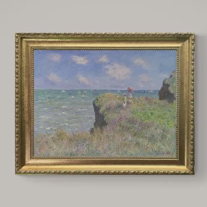 Monet Cliff Walk at Pourville, Canvas Print: Brush Strokes, Golden Vintage Frame