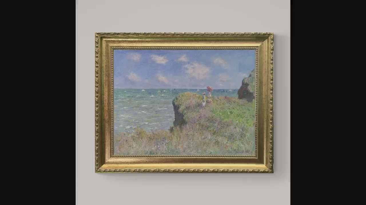 Monet Cliff Walk at Pourville, Canvas Print: Brush Strokes, Golden Vintage Frame