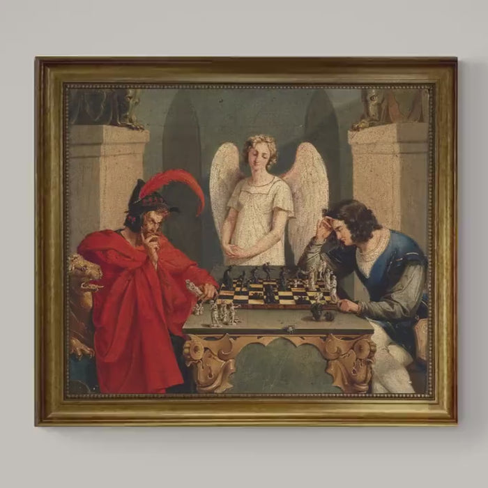 Faust & Mephistopheles Chess Art Print – Moritz Retzsch Giclee on Canvas with Vintage Wooden Frame
