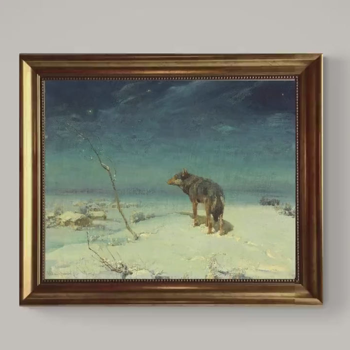 Lone wolf A.W. Kowalski art print on Canvas, Brush strokes and Vintage Gold Frame