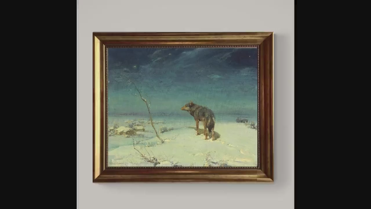 Lone wolf A.W. Kowalski art print on Canvas, Brush strokes and Vintage Gold Frame