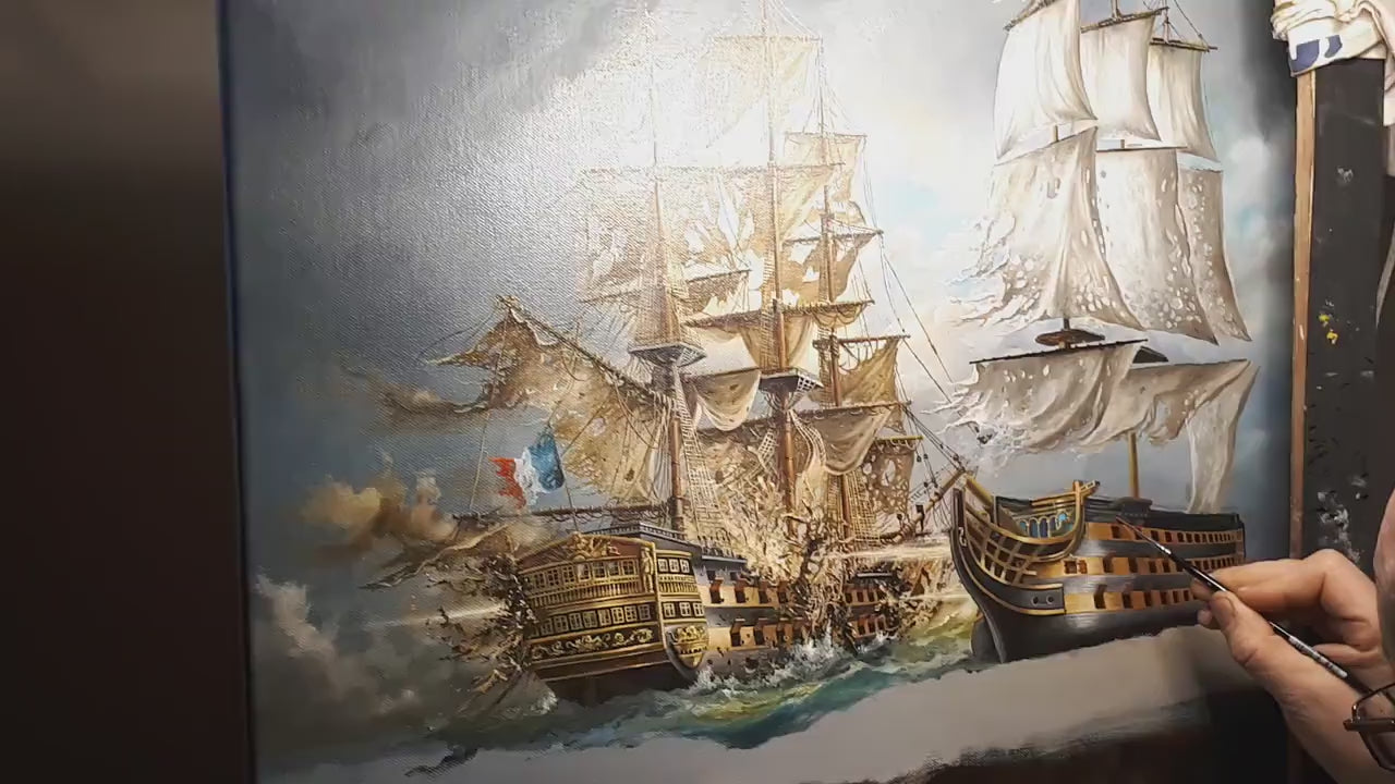 Battle of Trafalgar by Robert Zietara, Art Print, HSM Victory, Nautical Sailing Ship Poster