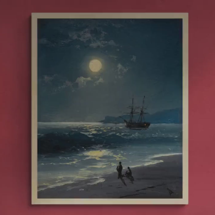 Sailing Ship Moonlight Seascape Art Print, Maritime Tall Ship Painting