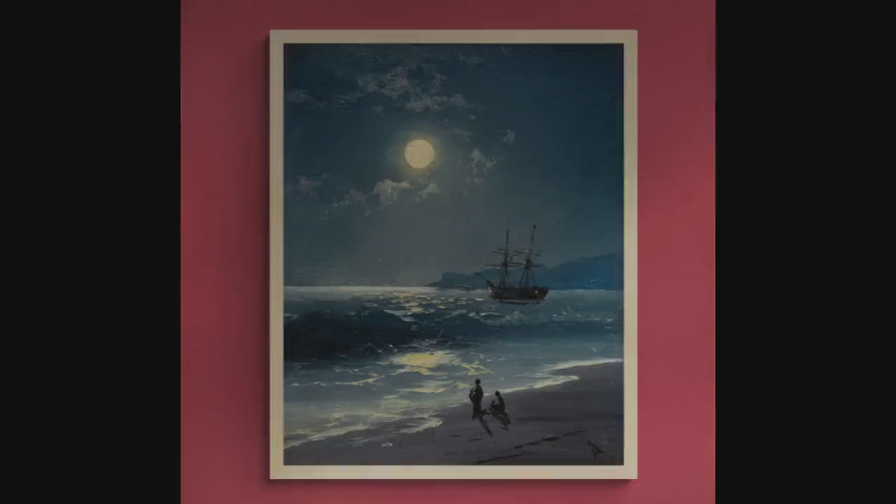 Sailing Ship Moonlight Seascape Art Print, Maritime Tall Ship Painting