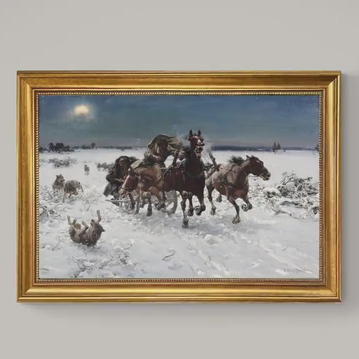 Troika pursued by wolves, A.W. Kowalski print on Canvas, Brush strokes and Vintage Gold Frame