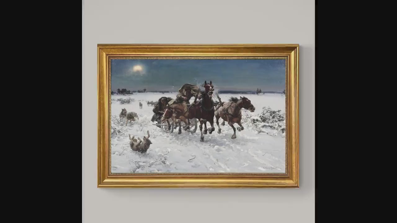 Troika pursued by wolves, A.W. Kowalski print on Canvas, Brush strokes and Vintage Gold Frame